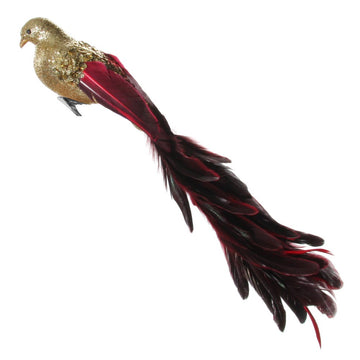 Kırmızı Tüy Kuyruklu Altın Parıltılı ve Pullu Kuş Ağaç Süsü