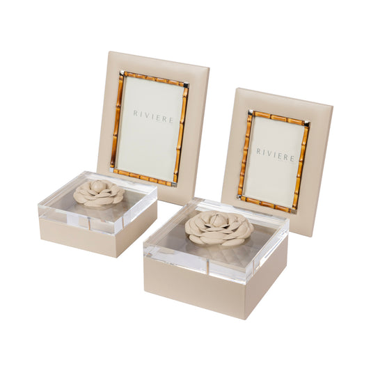 Fildişi Akrilik Deri Çiçek Detaylı Kapaklı İçi Deri Kutu 15x15 cm