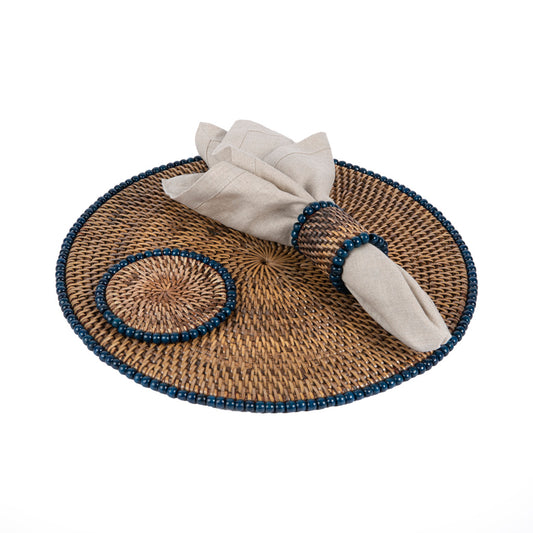 Rattan Lacivert Boncuklu Peçete Halkası 4'Lü Set