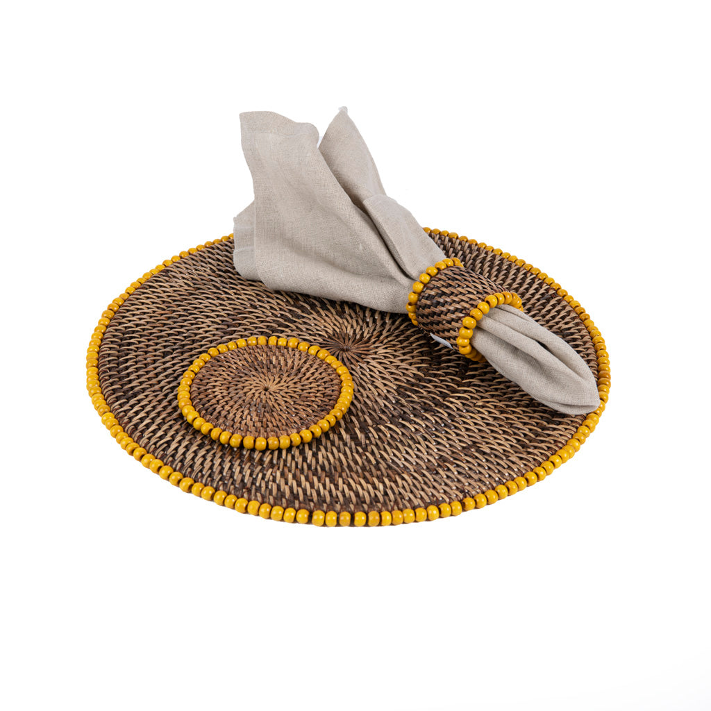 Rattan Sarı Boncuklu Peçete Halkası 4'Lü Set