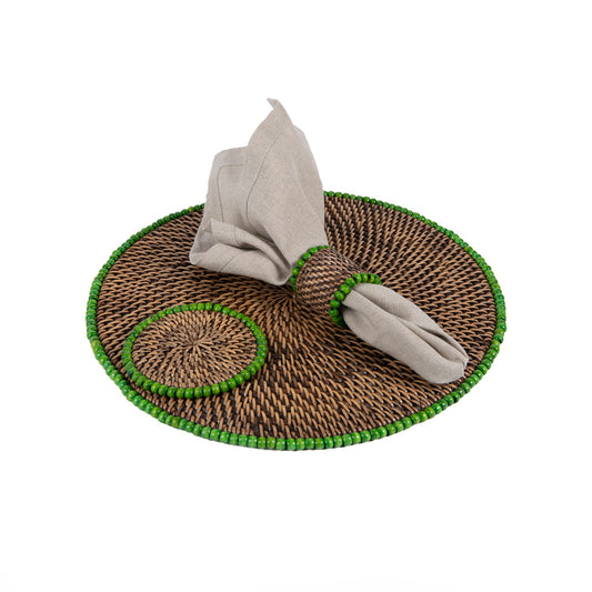 Rattan Yeşil Boncuklu Peçete Halkası 4'Lü Set