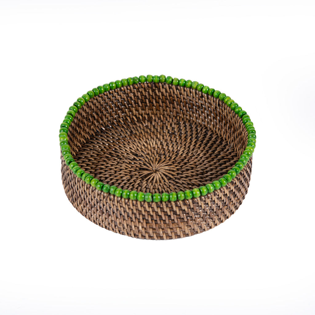 Rattan Yeşil Boncuklu Yuvarlak Tepsi