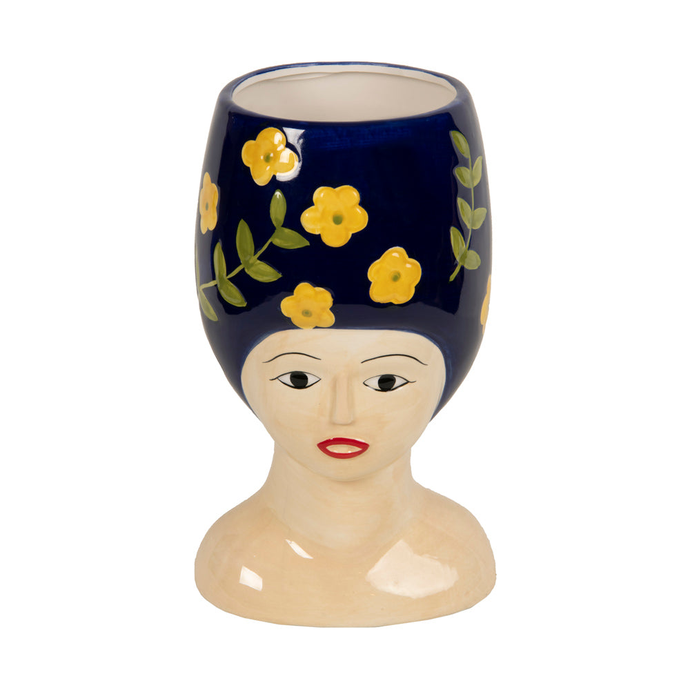 Lacivert Sarı Çiçekli Kadın Başı Vazo