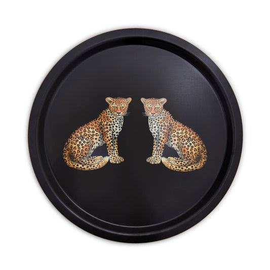 Çift Leopar Siyah Yuvarlak Tepsi