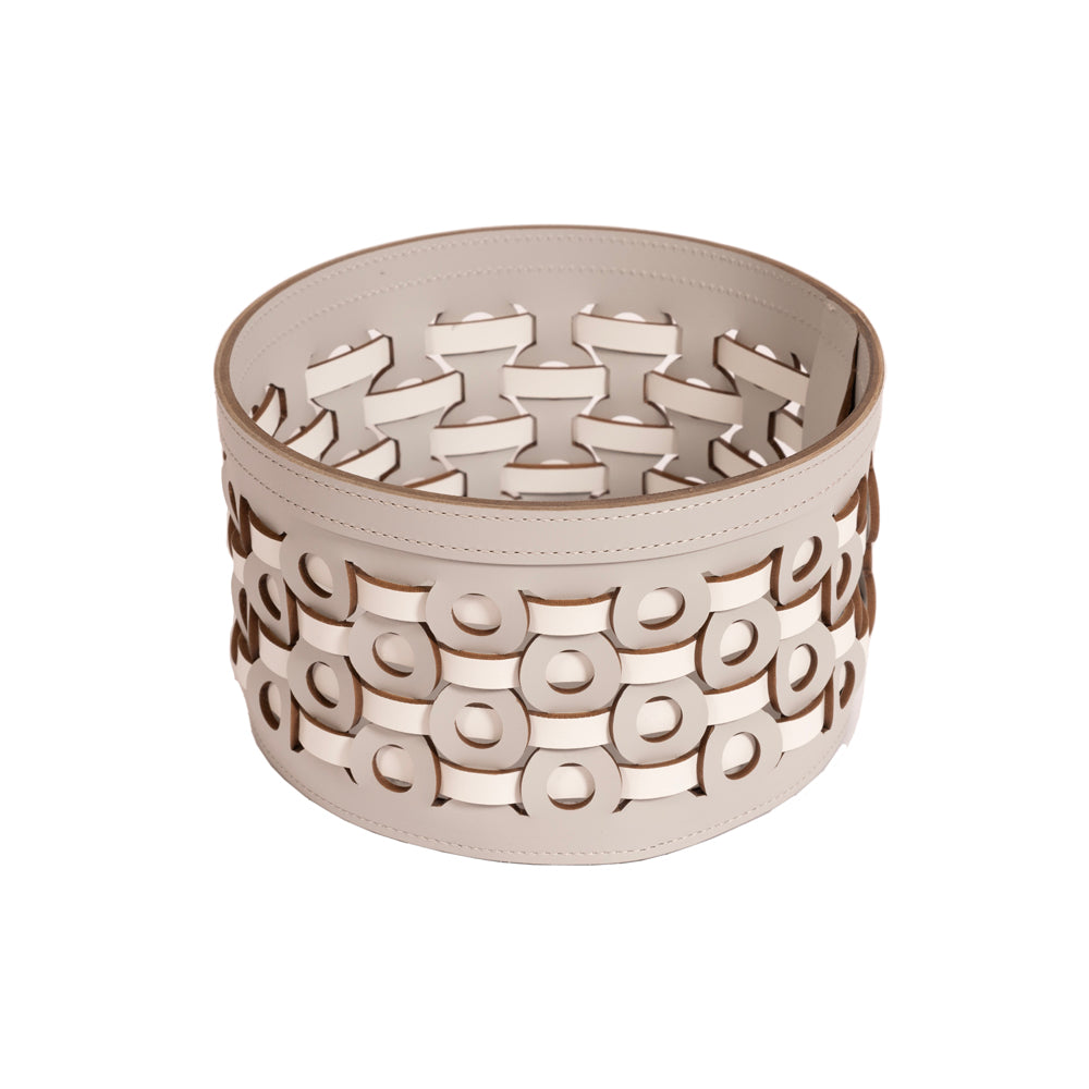 Yuvarlak Açık Gri ve Beyaz Deri Sepet 22,5 cm