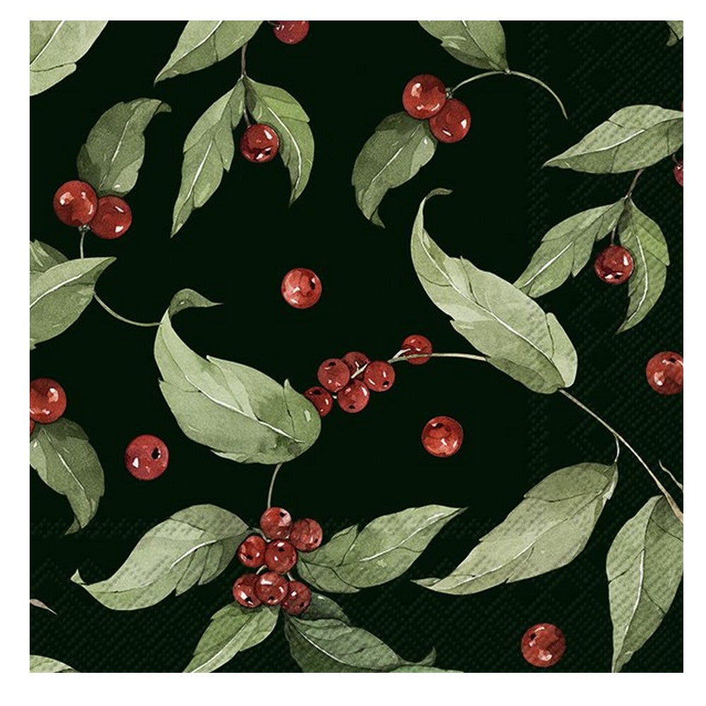 Siyah Yeşil Yaprak ve Kızılcık Desenli Kokteyl Peçete