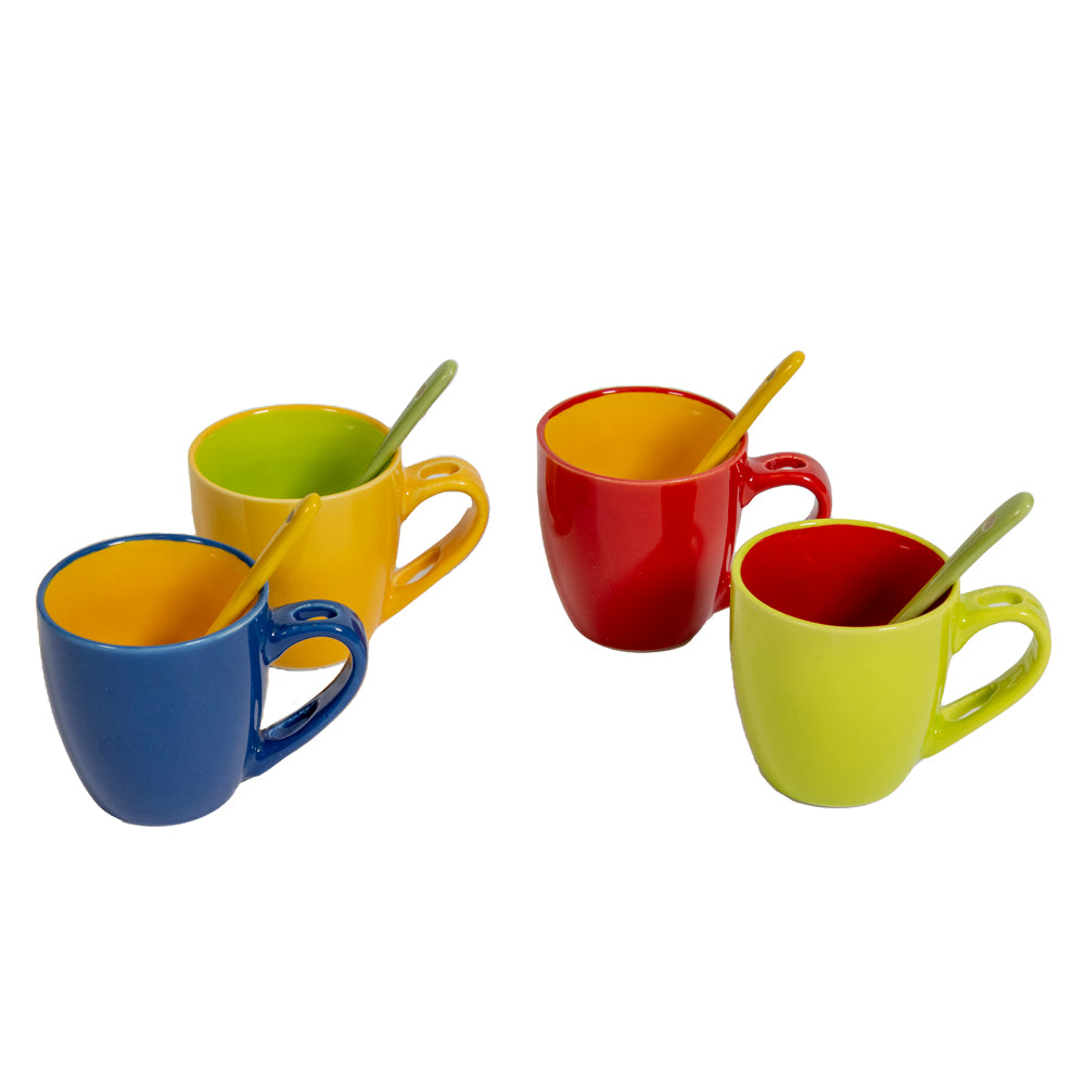 Kırmızı Yeşil Sarı Lacivert 4'Lü Kaşıklı Espresso Fincan Seti