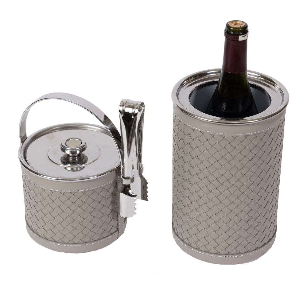 Gri Örgü Desenli Deri ve Paslanmaz Çelik Şişe Soğutucu