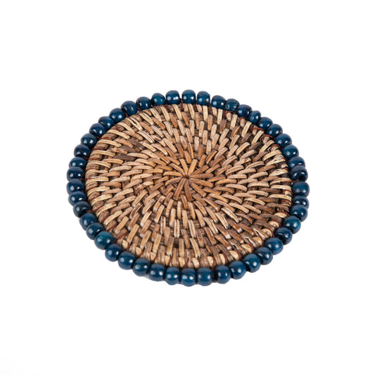 Rattan Lacivert Boncuklu Rattan Bardak Altlığı 4'lü Set