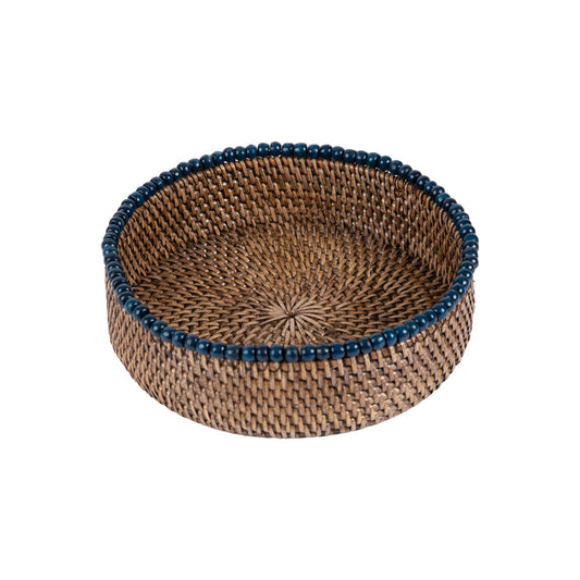 Rattan Mavi Boncuklu Yuvarlak Tepsi