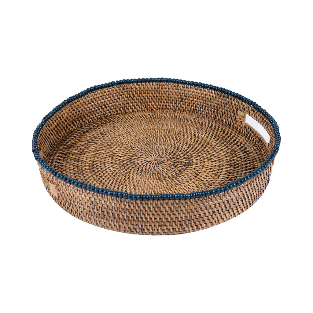 Mavi Boncuklu Rattan Yuvarlak Tepsi