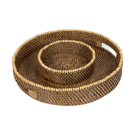 Rattan Naturel Boncuklu Yuvarlak Tepsi 20x6,5 cm