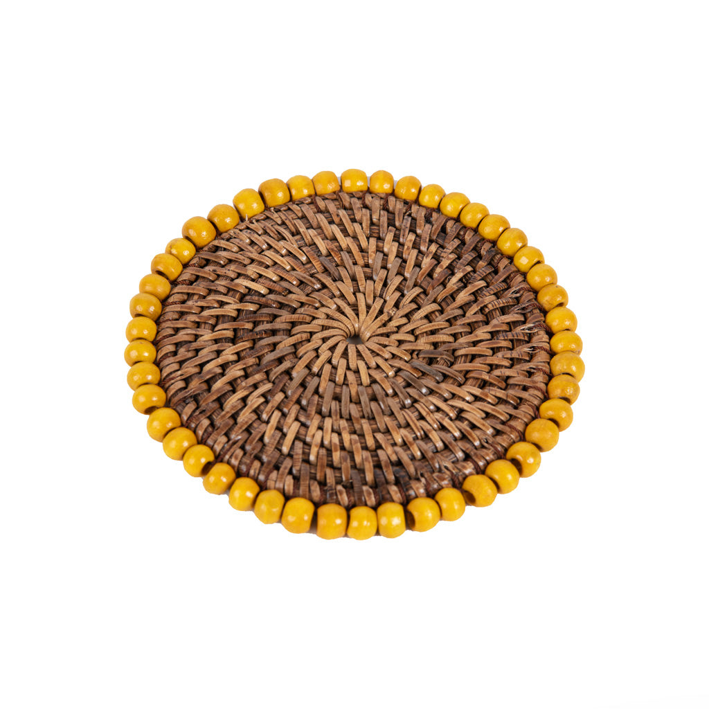 Rattan Sarı Boncuklu Rattan Bardak Altlığı 4'lü Set