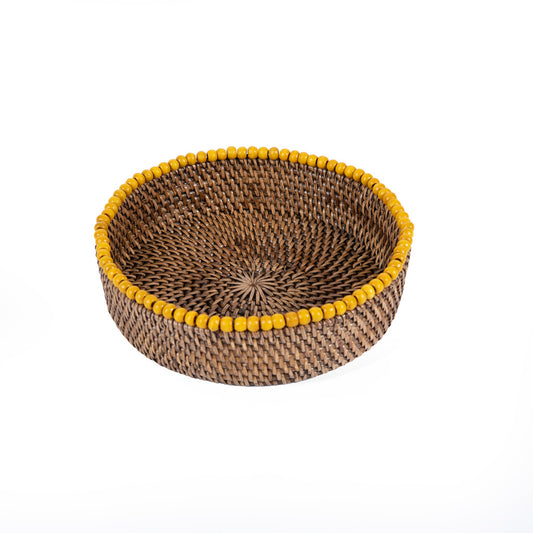 Rattan Sarı Boncuklu Yuvarlak Tepsi