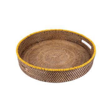 Sarı Boncuklu Rattan Yuvarlak Tepsi