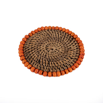Rattan Turuncu Boncuklu Rattan Bardak Altlığı 4'lü Set