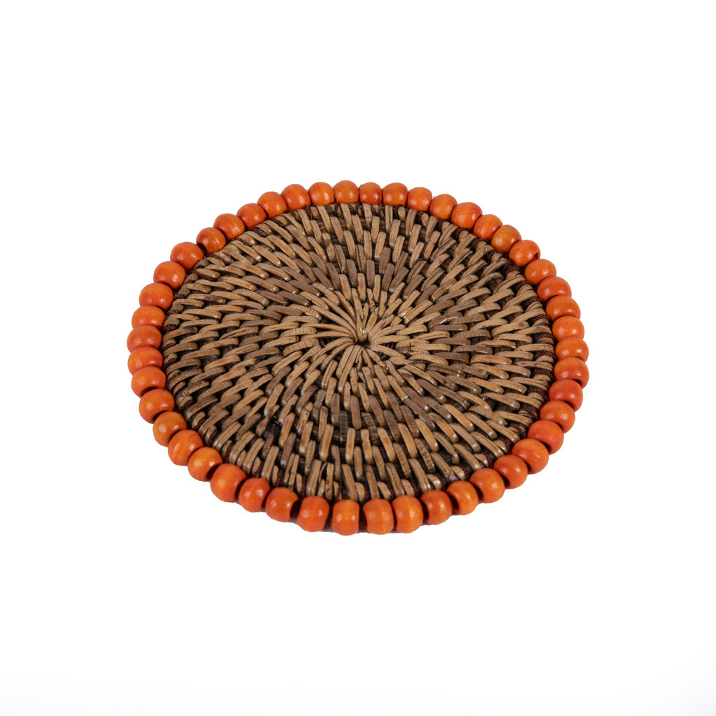 Rattan Turuncu Boncuklu Rattan Bardak Altlığı 4'lü Set