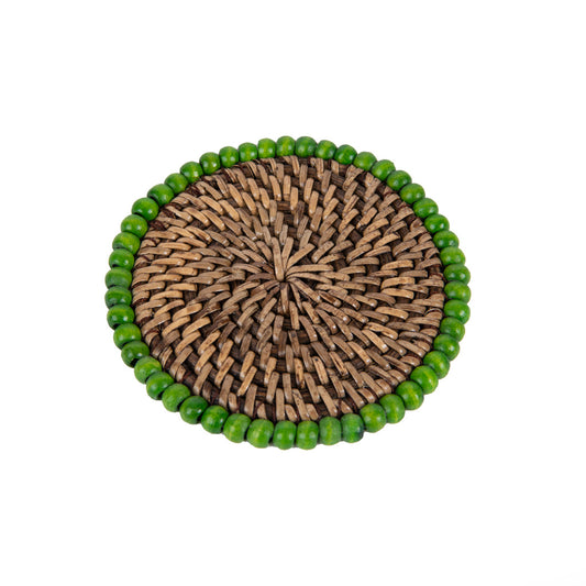 Rattan Yeşil Boncuklu Rattan Bardak Altlığı 4'lü Set