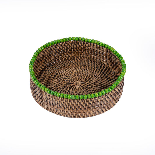 Rattan Yeşil Boncuklu Yuvarlak Tepsi
