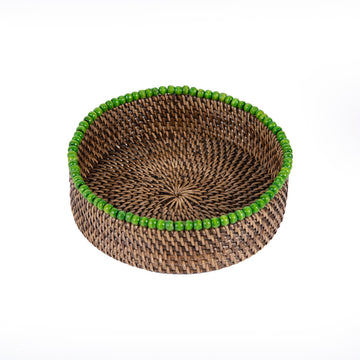 Rattan Yeşil Boncuklu Yuvarlak Tepsi