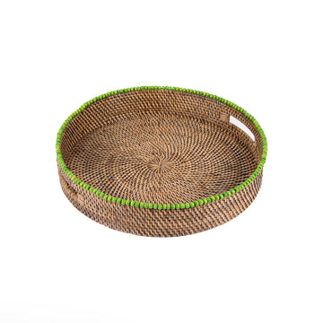 Yeşil Boncuklu Rattan Yuvarlak Tepsi