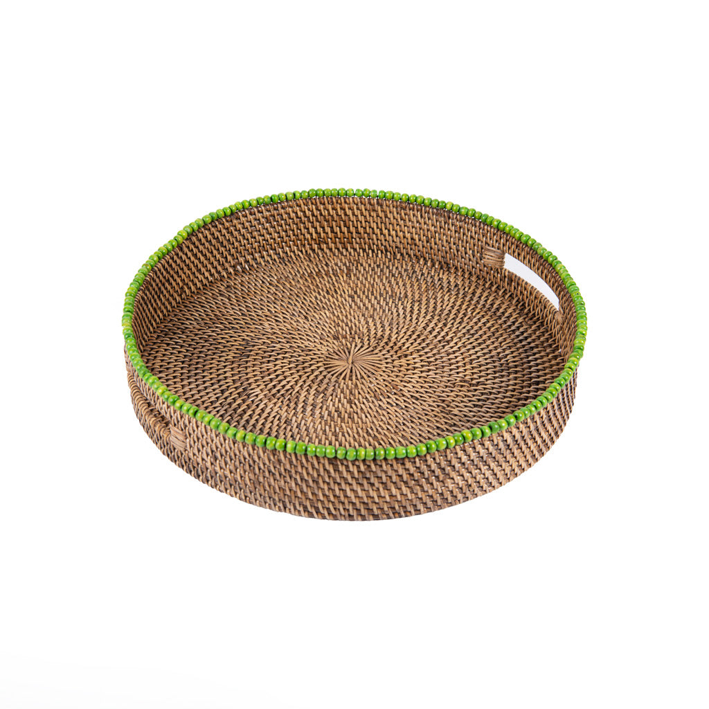 Yeşil Boncuklu Rattan Yuvarlak Tepsi