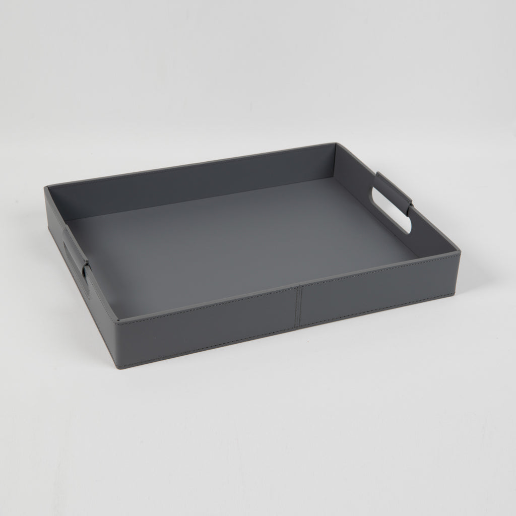 Ginepro Koyu Gri Dikdörtgen Kulplu Deri Tepsi 41x32 cm