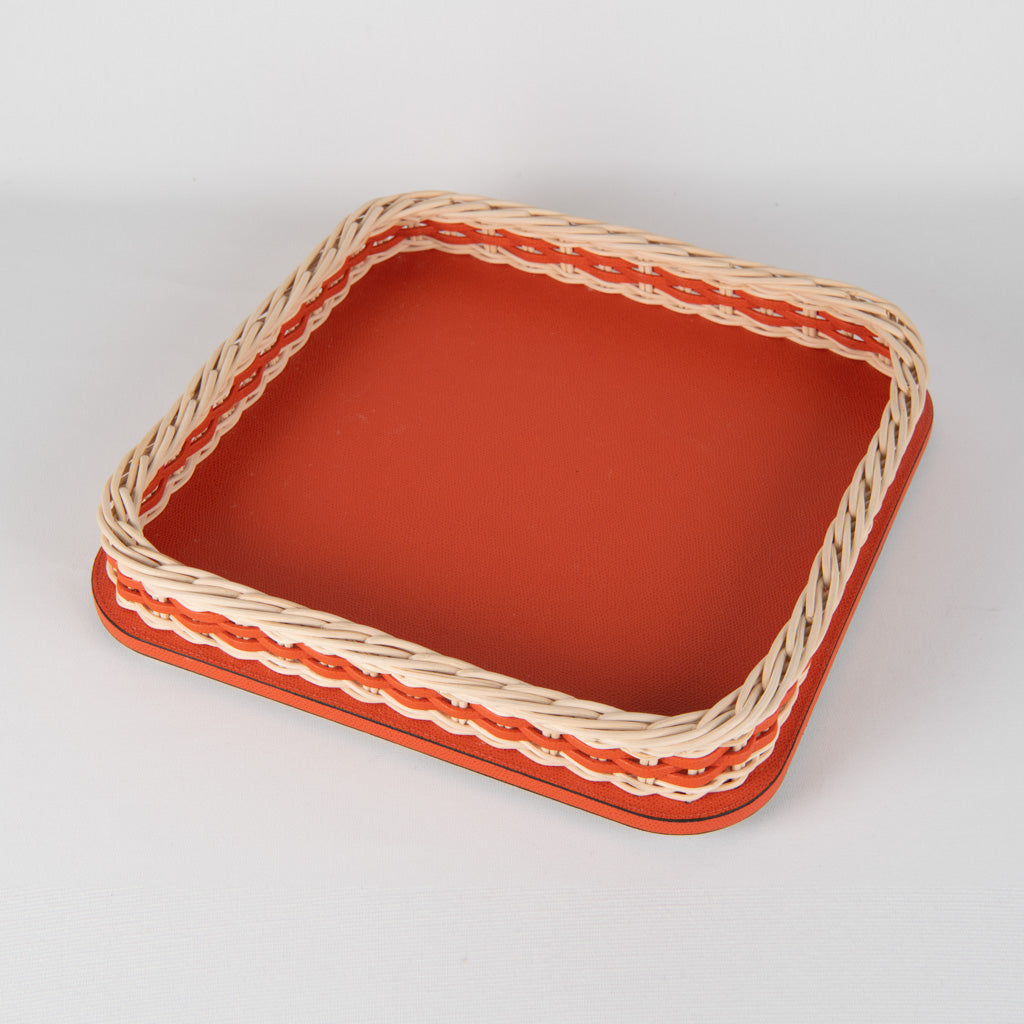 Mercan Rengi Kenarı Hasırlı Kare Deri Tepsi