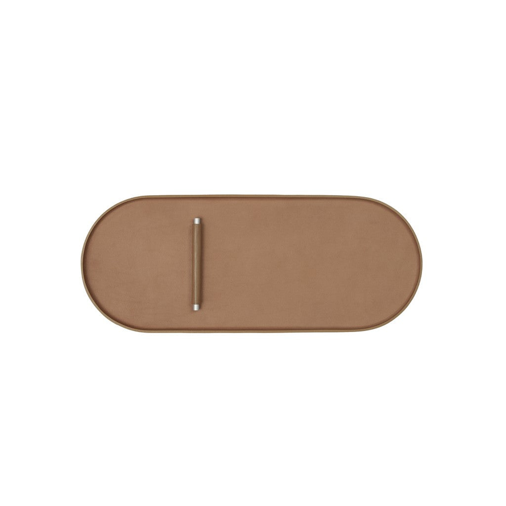 Bej Oval Deri Metal Tutamaçlı Servis 45x18 cm