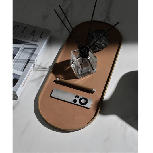 Bej Oval Deri Metal Tutamaçlı Servis 45x18 cm